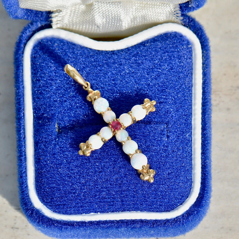 Vintage Opal and Ruby Set Cross Pendant