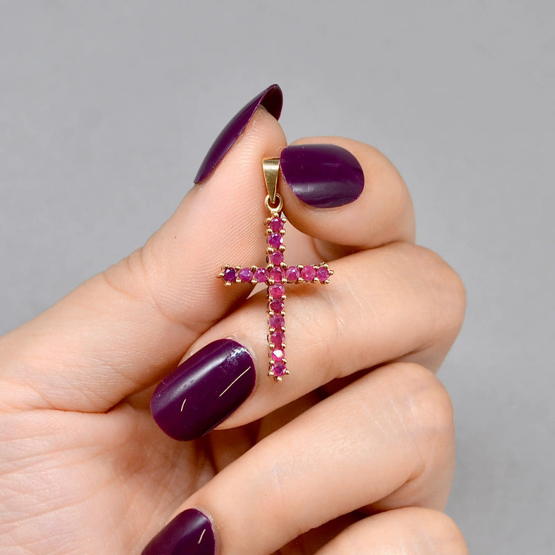 Vintage 2000s Blue Sapphire and Ruby Double-Sided Cross Pendant in 9ct Yellow Gold