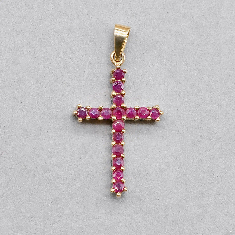 Vintage 2000s Blue Sapphire and Ruby Double-Sided Cross Pendant in 9ct Yellow Gold