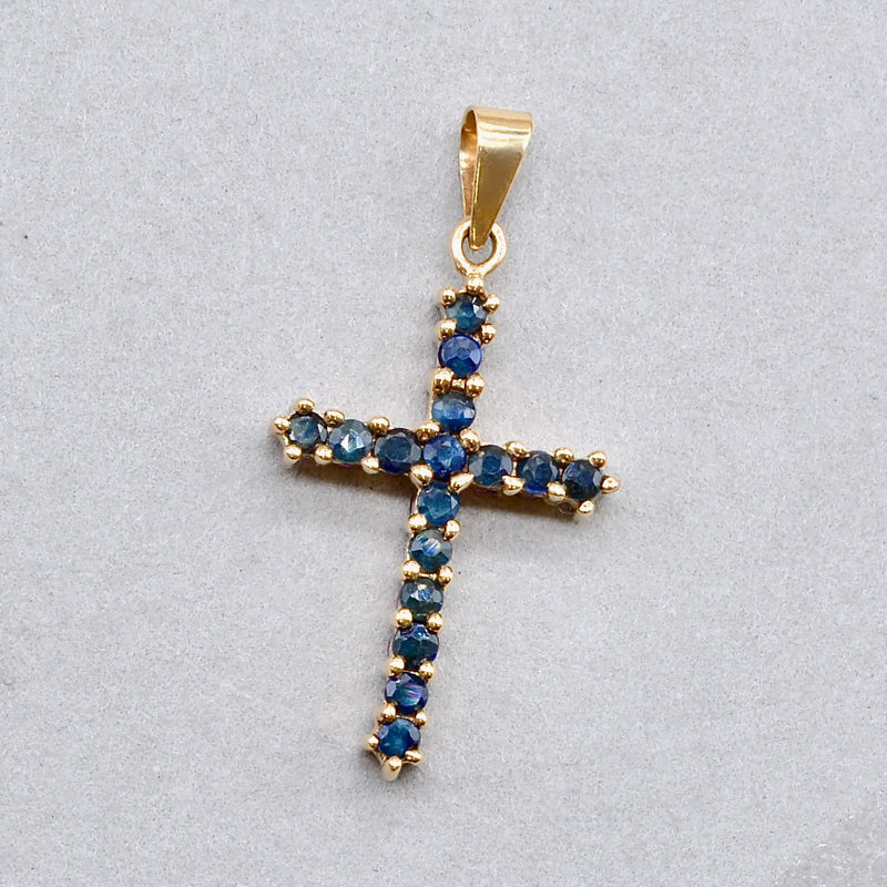 Vintage 2000s Blue Sapphire and Ruby Double-Sided Cross Pendant in 9ct Yellow Gold