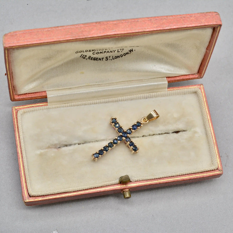 Vintage 2000s Blue Sapphire and Ruby Double-Sided Cross Pendant in 9ct Yellow Gold