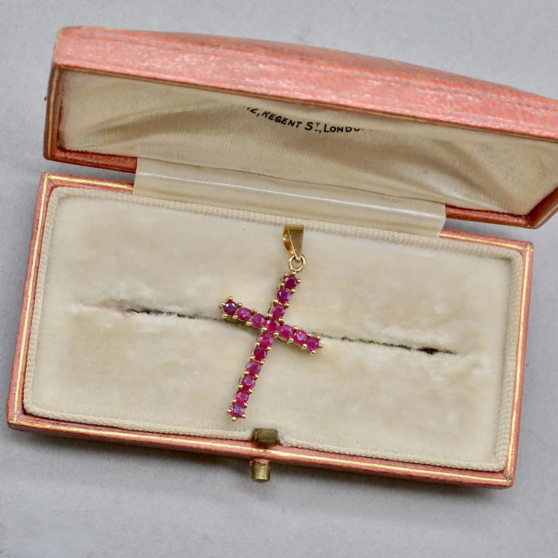 Vintage 2000s Blue Sapphire and Ruby Double-Sided Cross Pendant in 9ct Yellow Gold