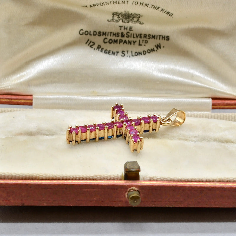 Vintage 2000s Blue Sapphire and Ruby Double-Sided Cross Pendant in 9ct Yellow Gold