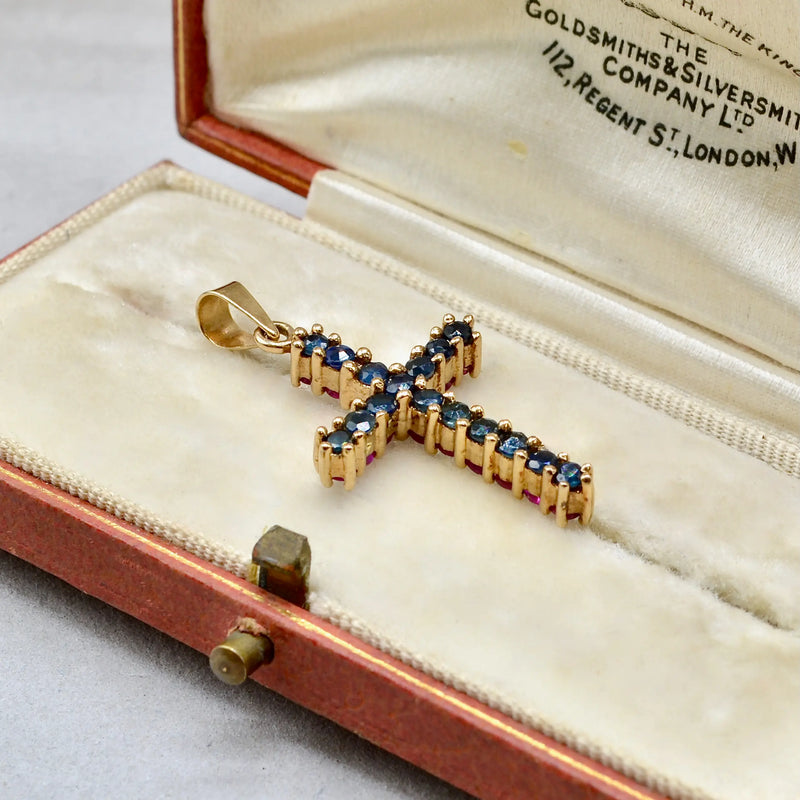 Vintage 2000s Blue Sapphire and Ruby Double-Sided Cross Pendant in 9ct Yellow Gold