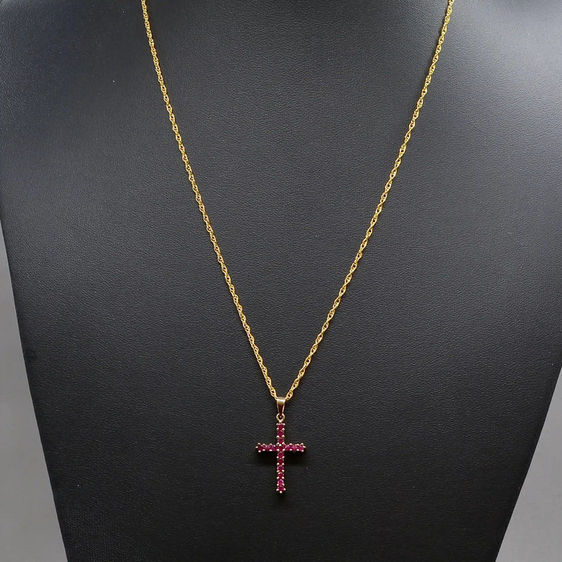 Vintage 2000s Blue Sapphire and Ruby Double-Sided Cross Pendant in 9ct Yellow Gold