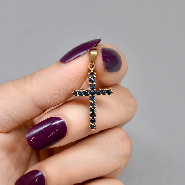 Vintage 2000s Blue Sapphire and Ruby Double-Sided Cross Pendant in 9ct Yellow Gold