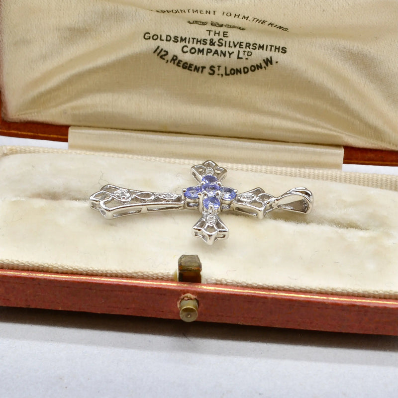 Vintage Tanzanite and Diamond Set Cross Pendant in 9ct White Gold