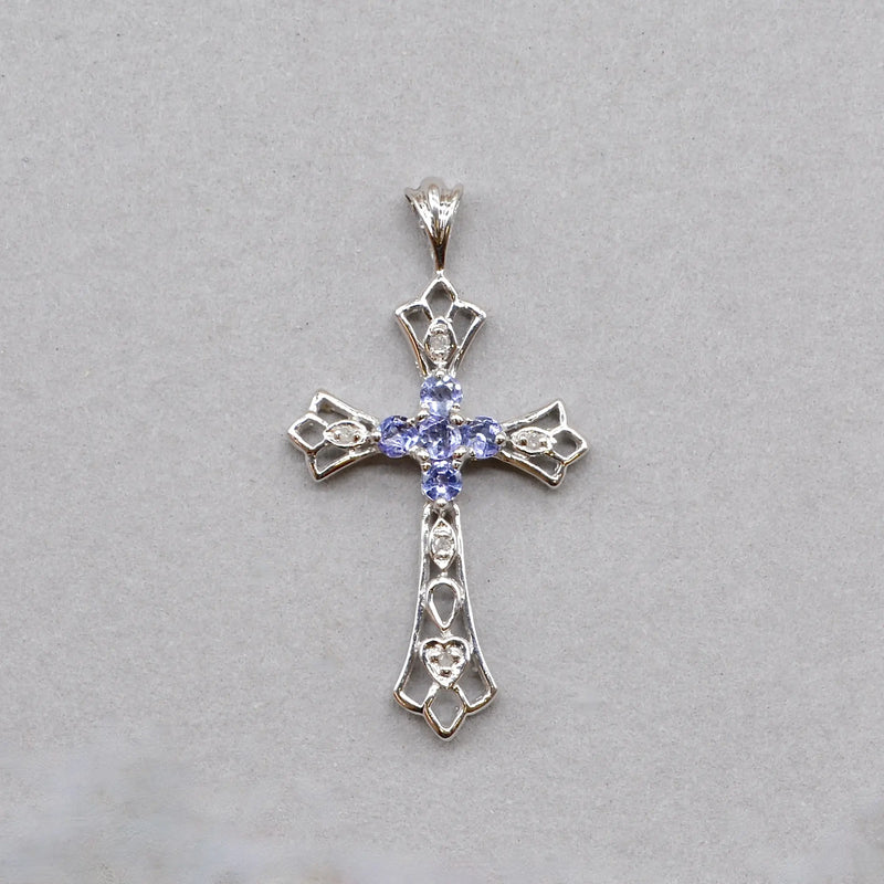 Vintage Tanzanite and Diamond Set Cross Pendant in 9ct White Gold