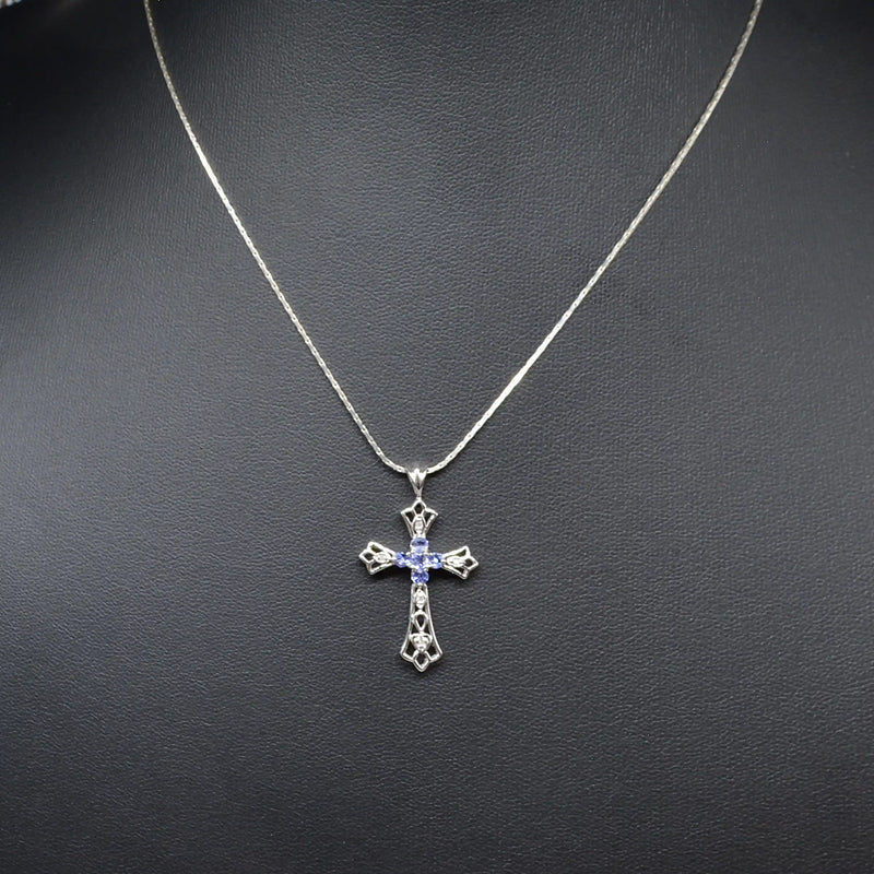 Vintage Tanzanite and Diamond Set Cross Pendant in 9ct White Gold