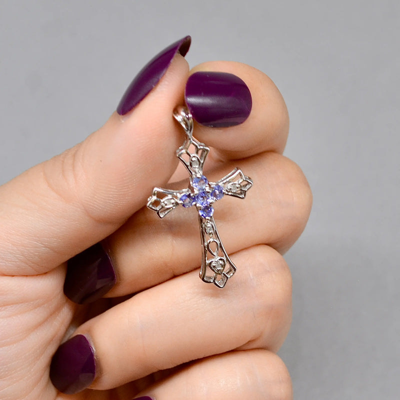 Vintage Tanzanite and Diamond Set Cross Pendant in 9ct White Gold
