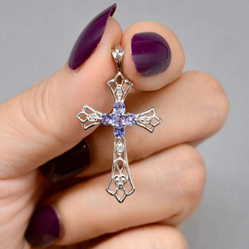 Vintage Tanzanite and Diamond Set Cross Pendant in 9ct White Gold