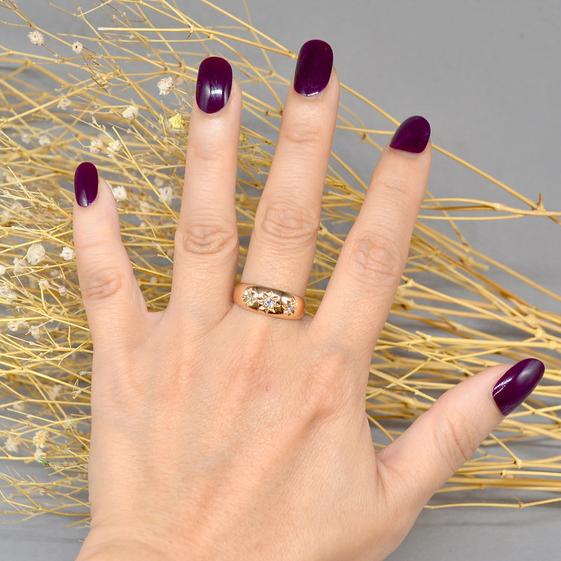 Antique Chester Hallmarked 1902 Trilogy Diamond Gypsy Set 18ct Yellow Gold Ring