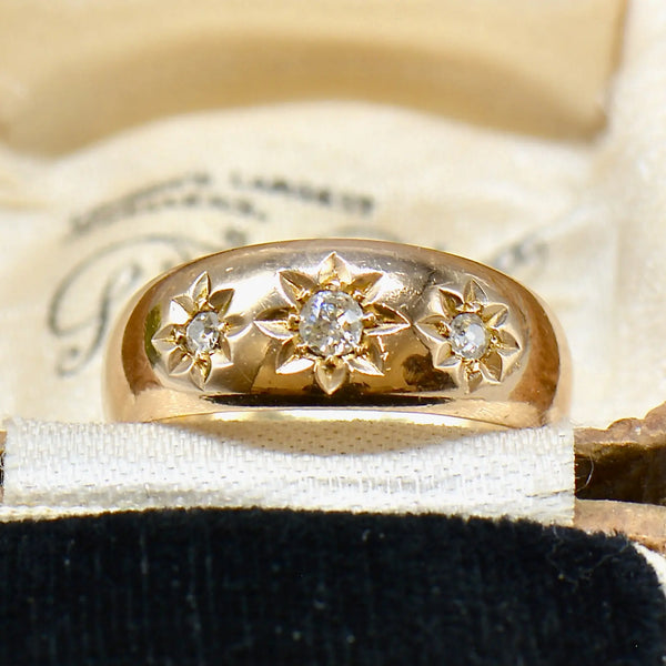 Antique Chester Hallmarked 1902 Trilogy Diamond Gypsy Set 18ct Yellow Gold Ring