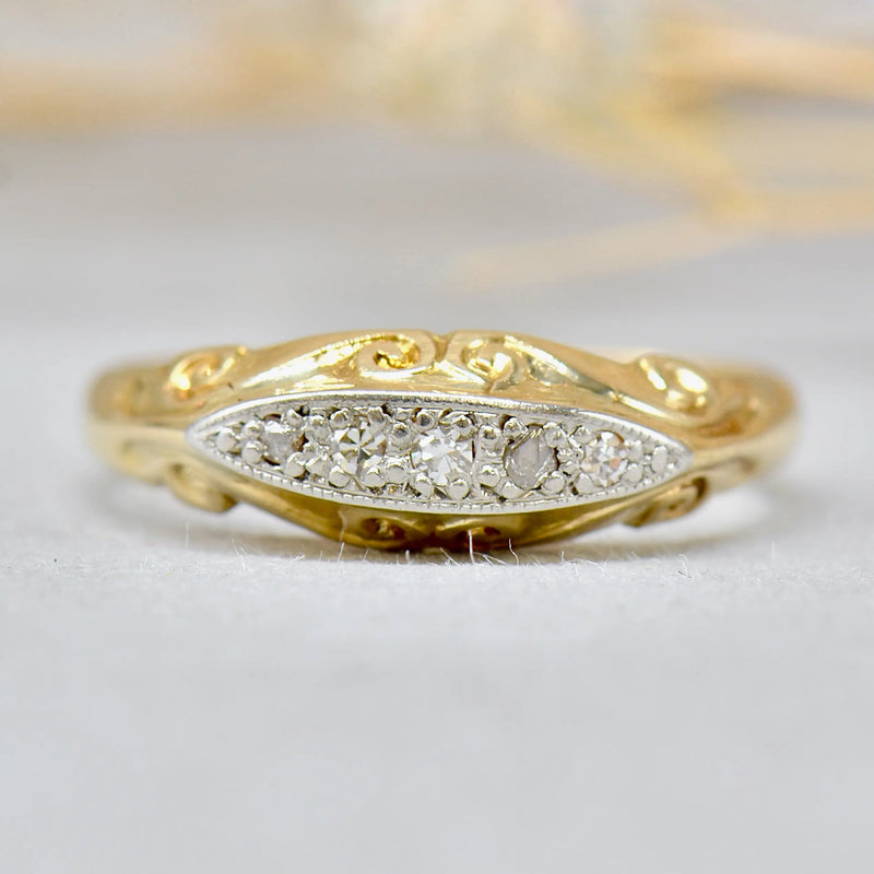 Antique Diamond 18ct Yellow Gold & Platinum Topped Five-Stone Boat-Shaped Ring