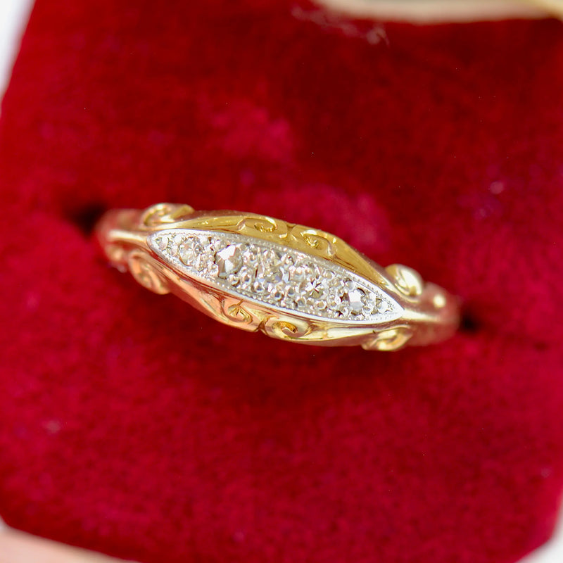 Antique Diamond 18ct Yellow Gold & Platinum Topped Five-Stone Boat-Shaped Ring