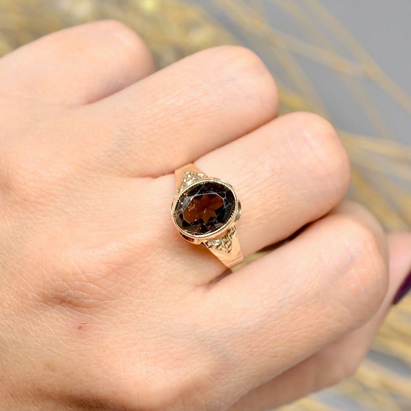 Vintage 1970s Smoky Quartz 9ct Yellow Gold Solitaire Dress Ring
