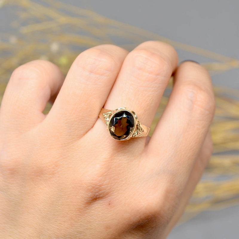 Vintage 1970s Smoky Quartz 9ct Yellow Gold Solitaire Dress Ring