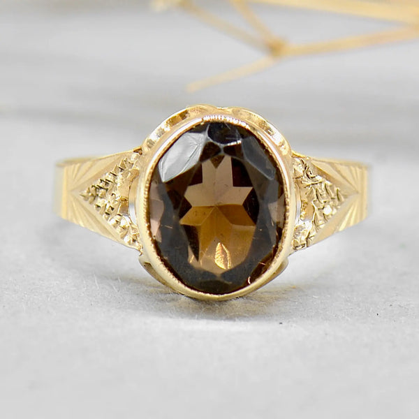 Vintage 1970s Smoky Quartz 9ct Yellow Gold Solitaire Dress Ring