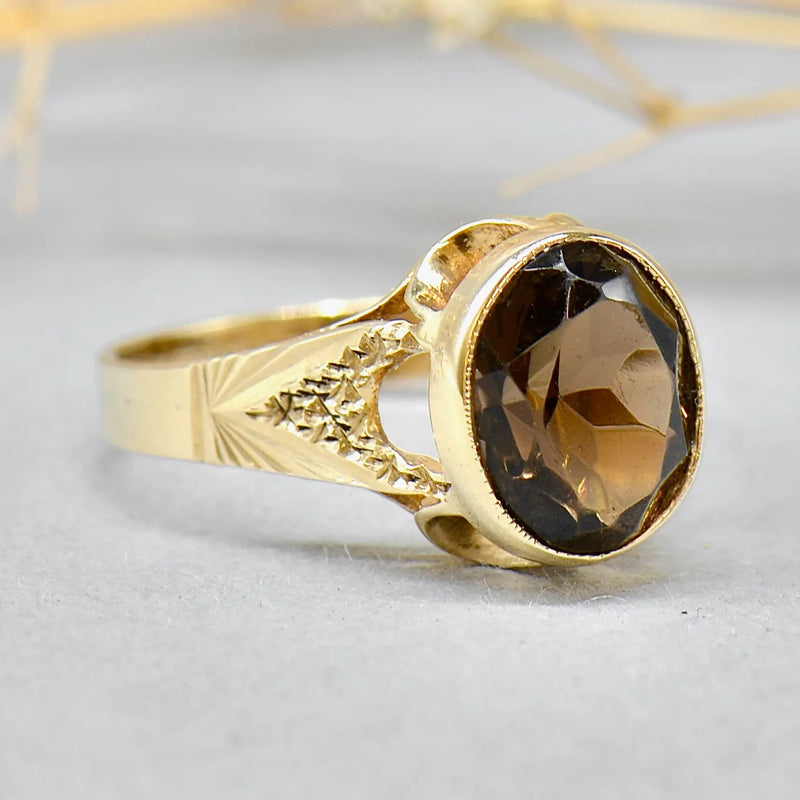 Vintage 1970s Smoky Quartz 9ct Yellow Gold Solitaire Dress Ring