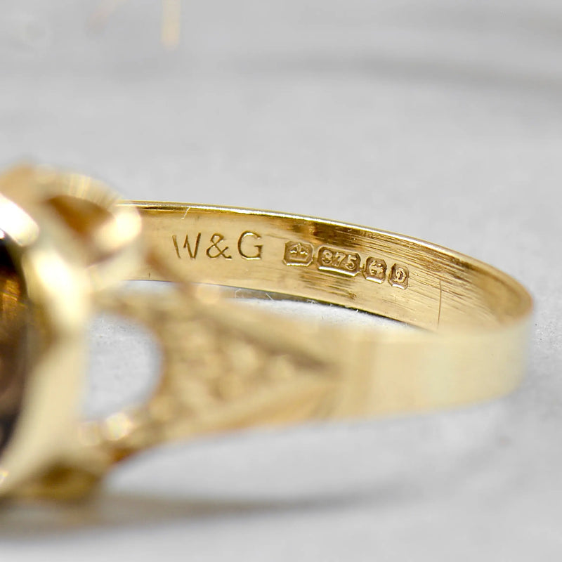 Vintage 1970s Smoky Quartz 9ct Yellow Gold Solitaire Dress Ring