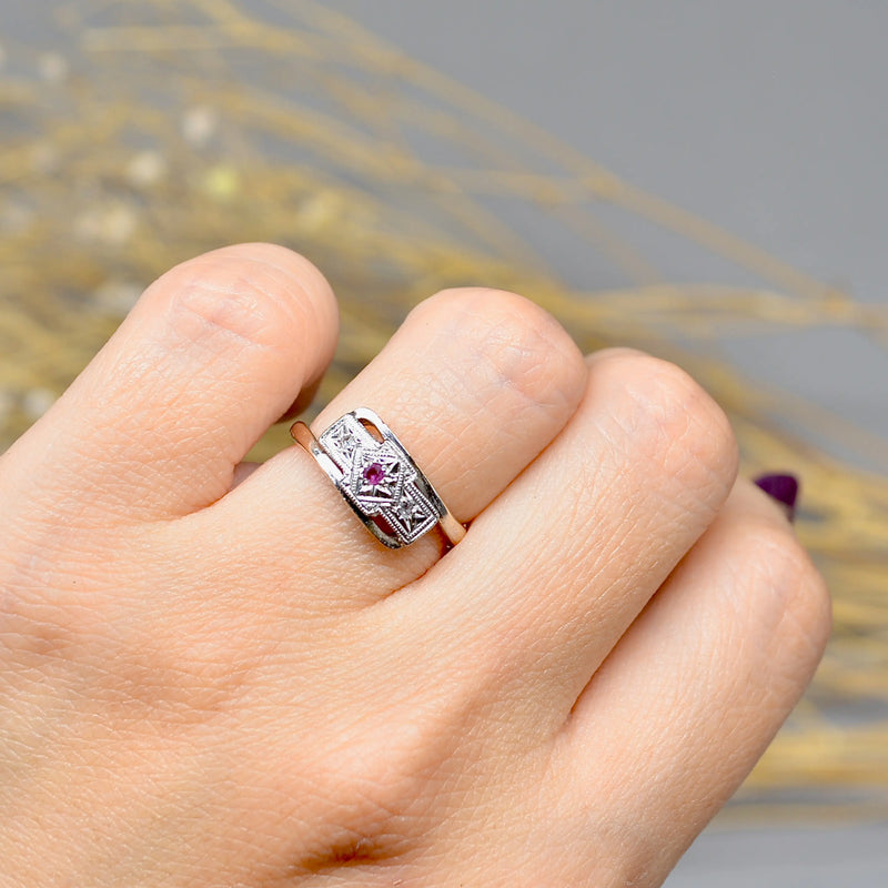 Art Deco 9ct Yellow Gold & Platinum Topped Ruby and Diamond Ring