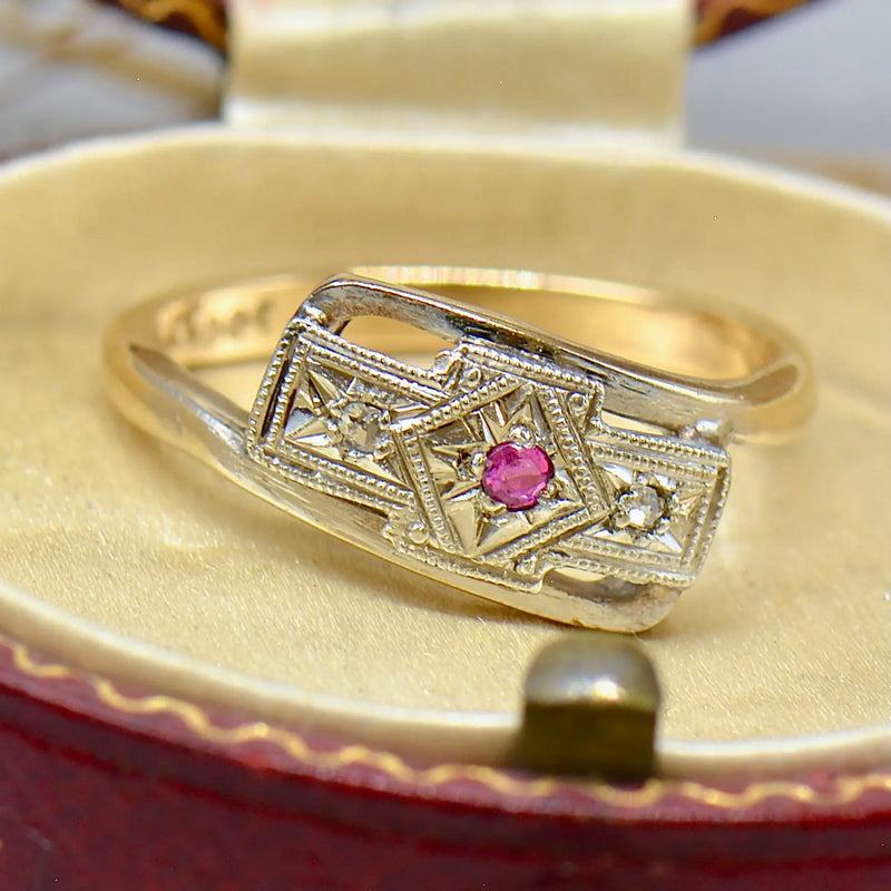 Art Deco 9ct Yellow Gold & Platinum Topped Ruby and Diamond Ring