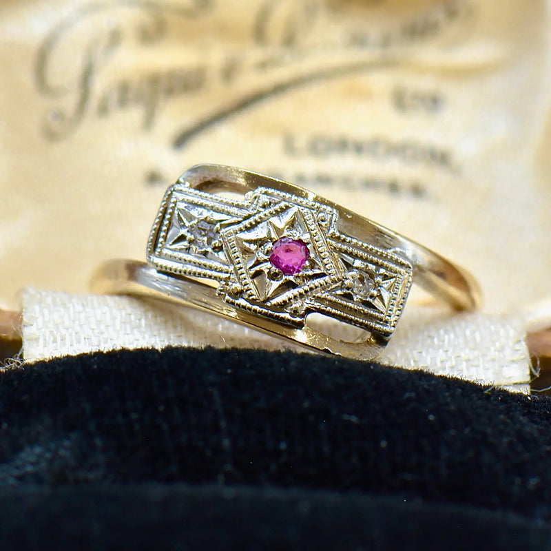 Art Deco 9ct Yellow Gold & Platinum Topped Ruby and Diamond Ring