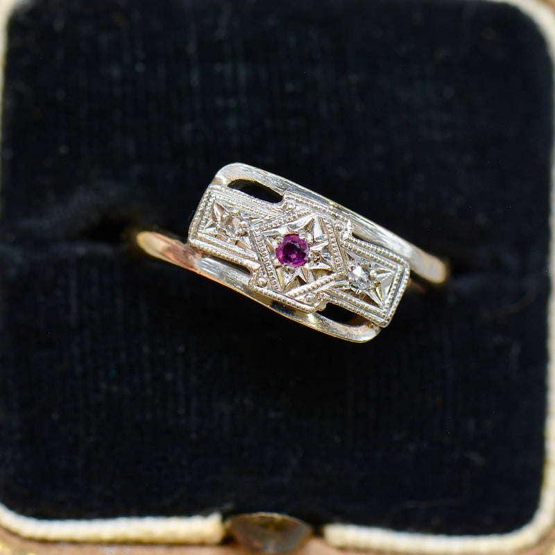 Art Deco 9ct Yellow Gold & Platinum Topped Ruby and Diamond Ring