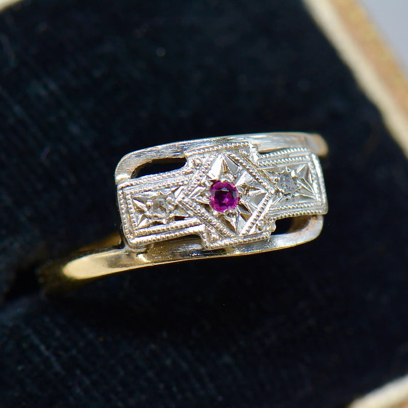 Art Deco 9ct Yellow Gold & Platinum Topped Ruby and Diamond Ring