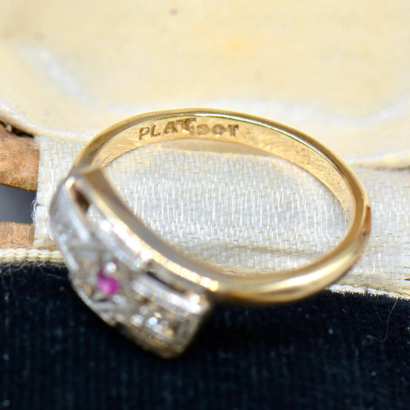 Art Deco 9ct Yellow Gold & Platinum Topped Ruby and Diamond Ring