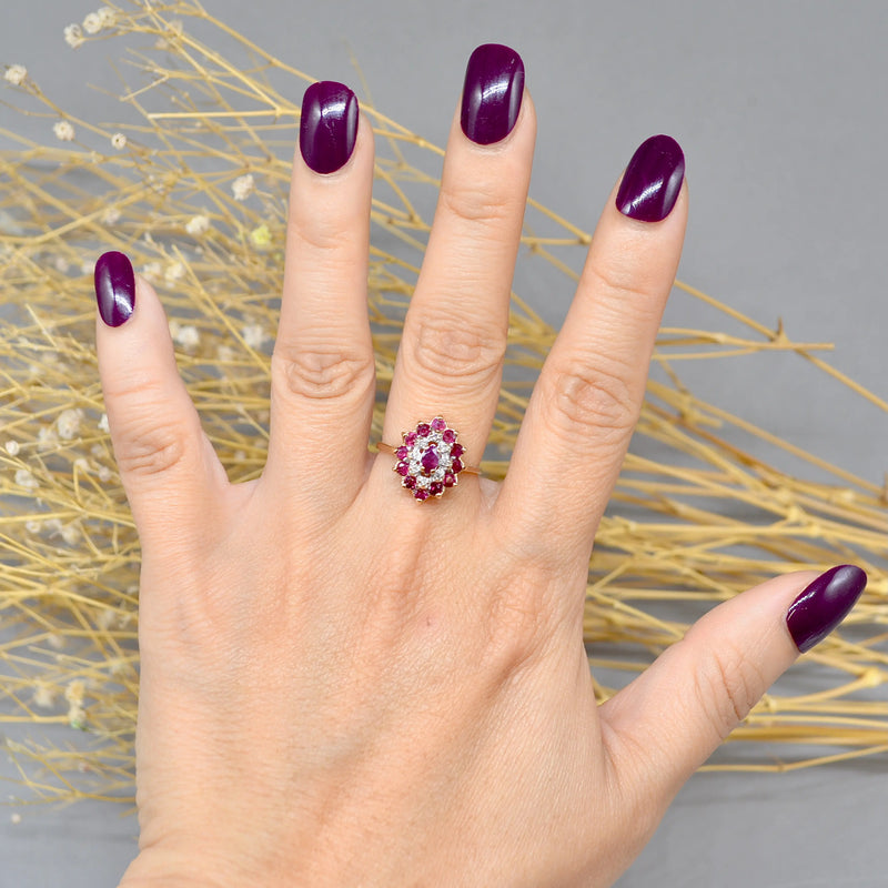 Vintage 1990s Ruby and Diamond 9ct Yellow Gold Cluster Ring