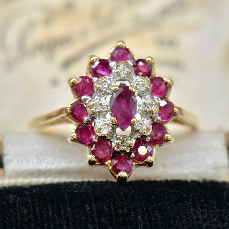 Vintage 1990s Ruby and Diamond 9ct Yellow Gold Cluster Ring