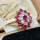 Vintage 1990s Ruby and Diamond 9ct Yellow Gold Cluster Ring