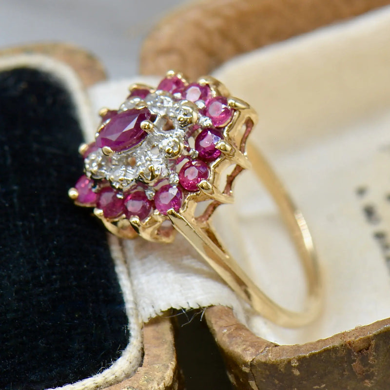 Vintage 1990s Ruby and Diamond 9ct Yellow Gold Cluster Ring