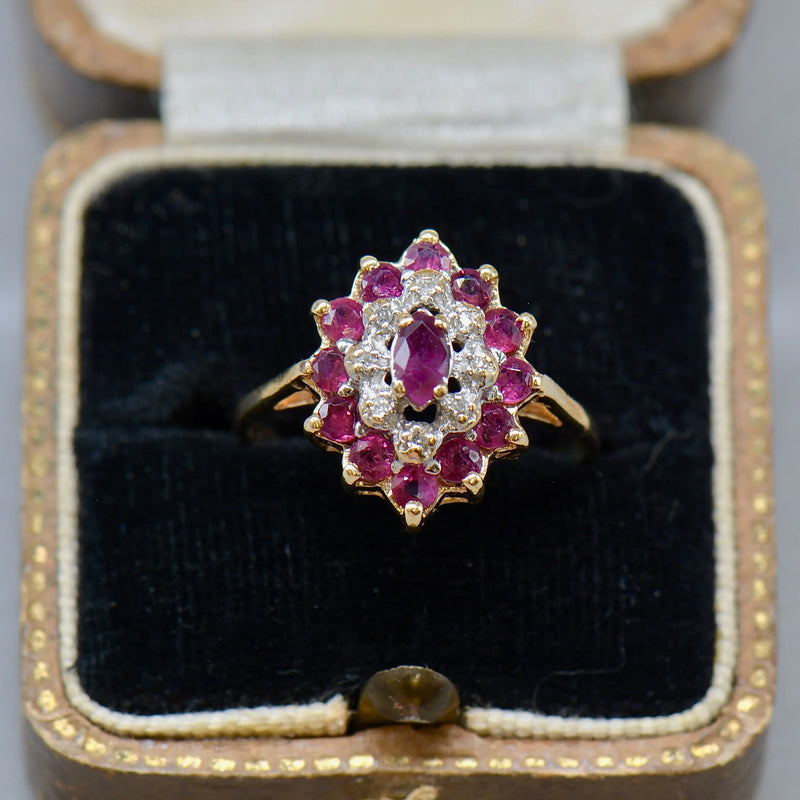 Vintage 1990s Ruby and Diamond 9ct Yellow Gold Cluster Ring