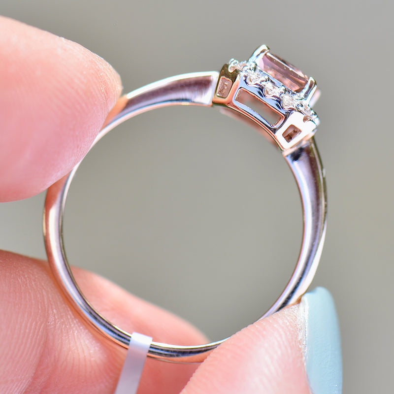 Padparadscha Coloured Tourmaline and Diamond 9ct Rose Gold Halo Ring (1.19cts)