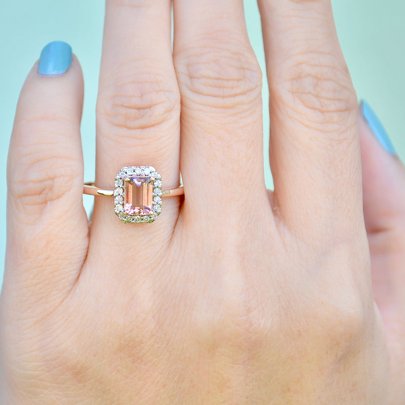 Padparadscha Coloured Tourmaline and Diamond 9ct Rose Gold Halo Ring (1.19cts)