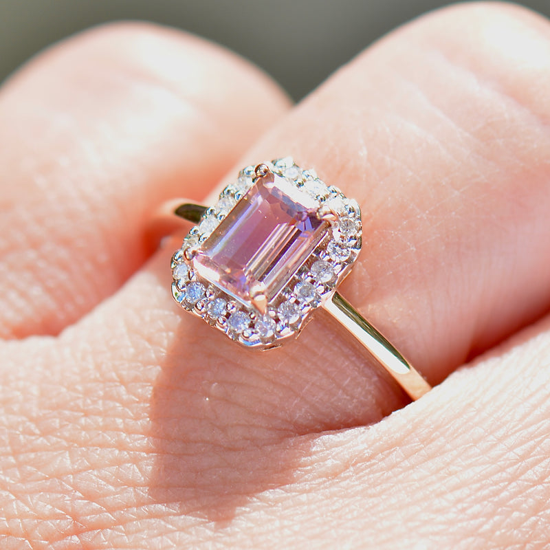 Padparadscha Coloured Tourmaline and Diamond 9ct Rose Gold Halo Ring (1.19cts)