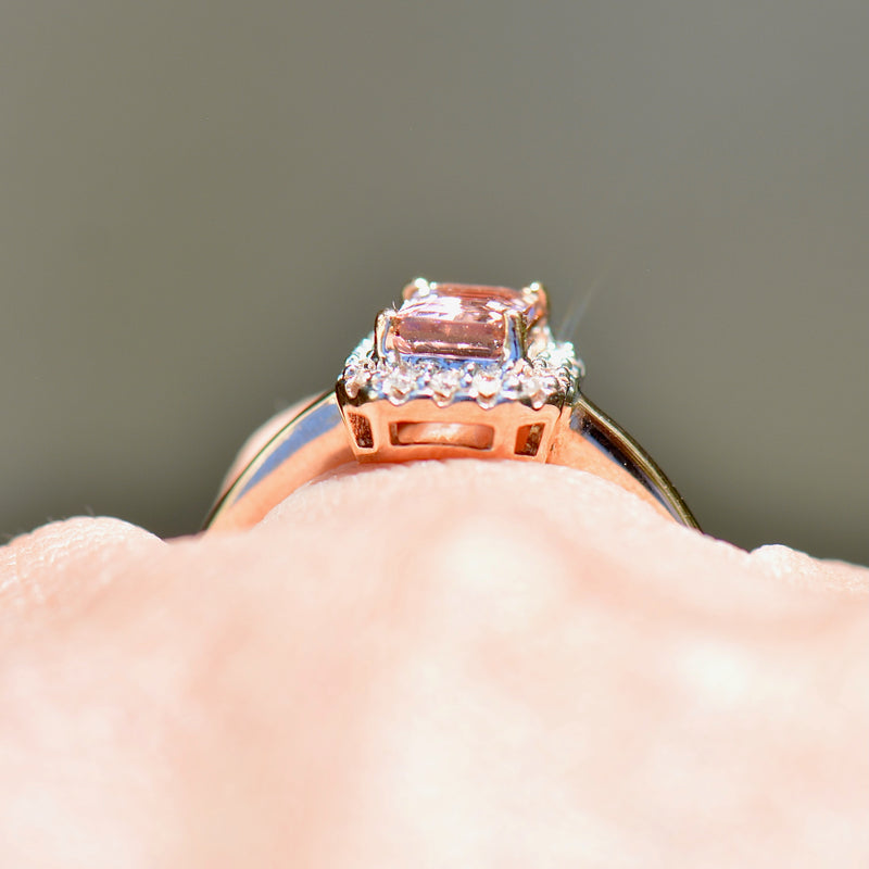 Padparadscha Coloured Tourmaline and Diamond 9ct Rose Gold Halo Ring (1.19cts)