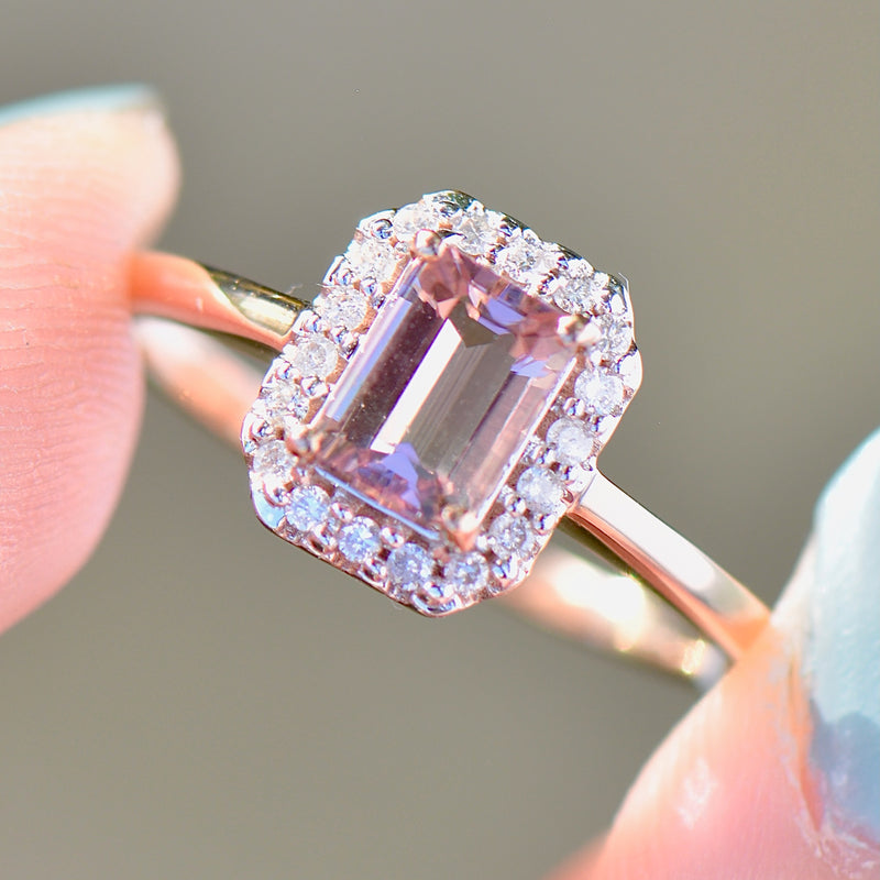 Padparadscha Coloured Tourmaline and Diamond 9ct Rose Gold Halo Ring (1.19cts)