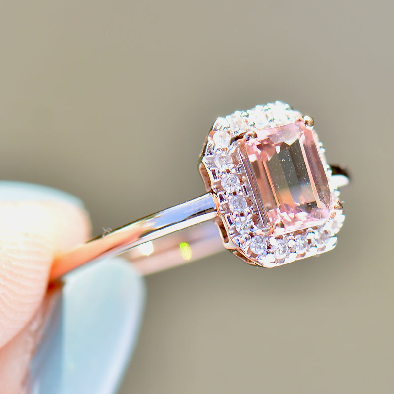 Padparadscha Coloured Tourmaline and Diamond 9ct Rose Gold Halo Ring (1.19cts)