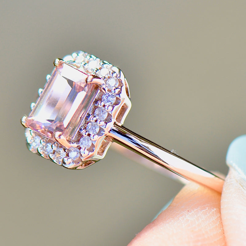 Padparadscha Coloured Tourmaline and Diamond 9ct Rose Gold Halo Ring (1.19cts)