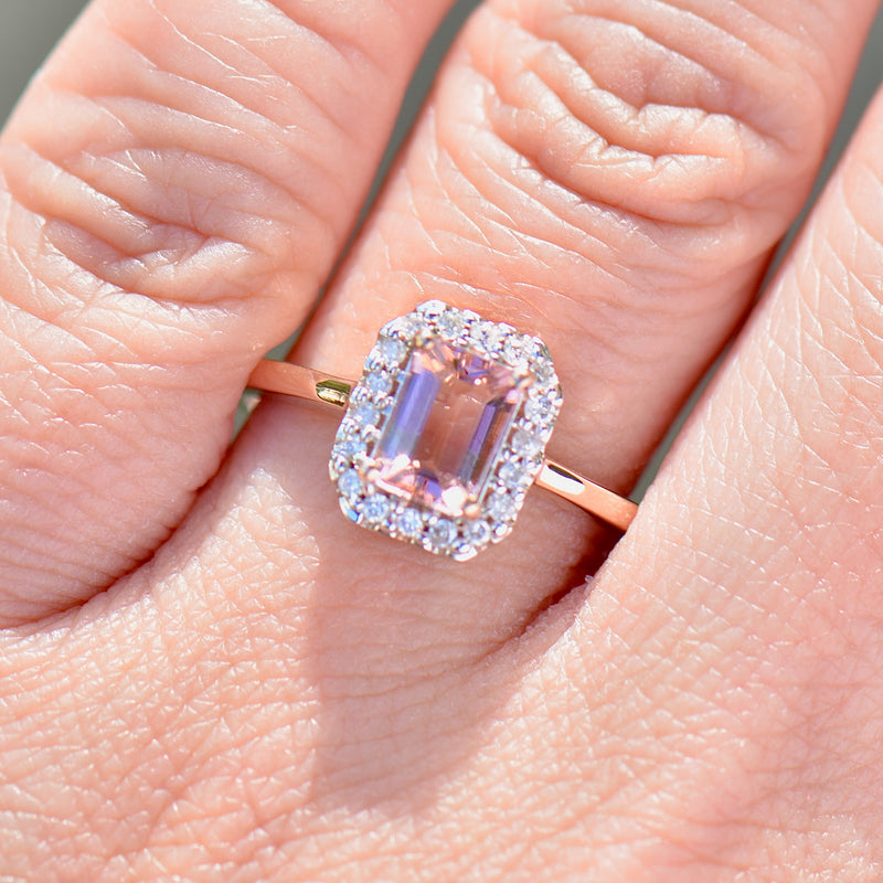 Padparadscha Coloured Tourmaline and Diamond 9ct Rose Gold Halo Ring (1.19cts)