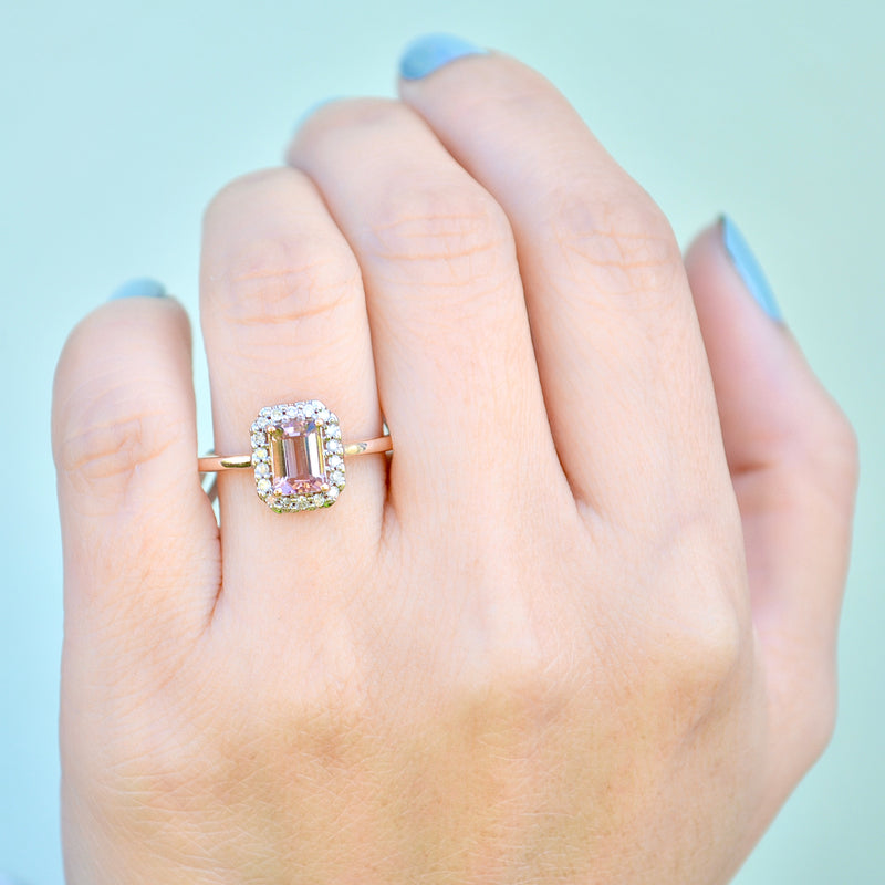 Padparadscha Coloured Tourmaline and Diamond 9ct Rose Gold Halo Ring (1.19cts)