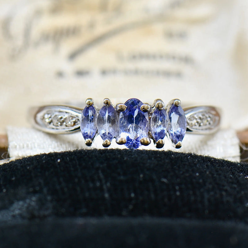 9ct White Gold Tanzanite and Diamond Five-Stone Design Ring