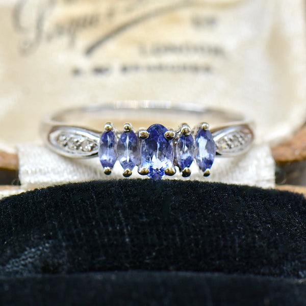 9ct White Gold Tanzanite and Diamond Five-Stone Design Ring