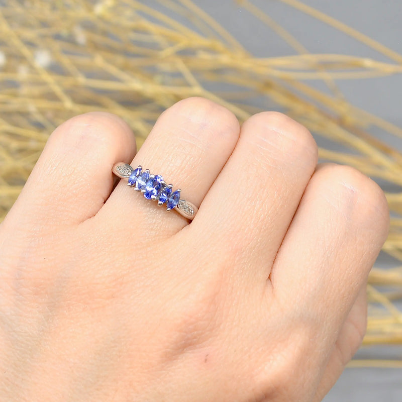 9ct White Gold Tanzanite and Diamond Five-Stone Design Ring