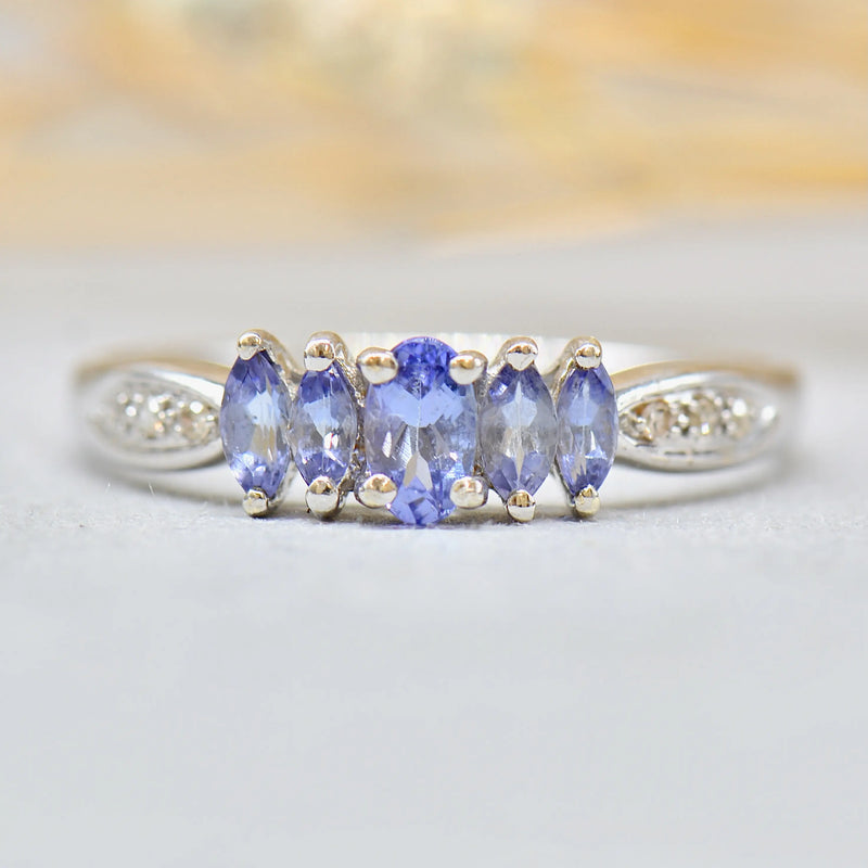 9ct White Gold Tanzanite and Diamond Five-Stone Design Ring