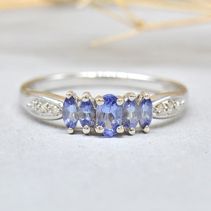 9ct White Gold Tanzanite and Diamond Five-Stone Design Ring