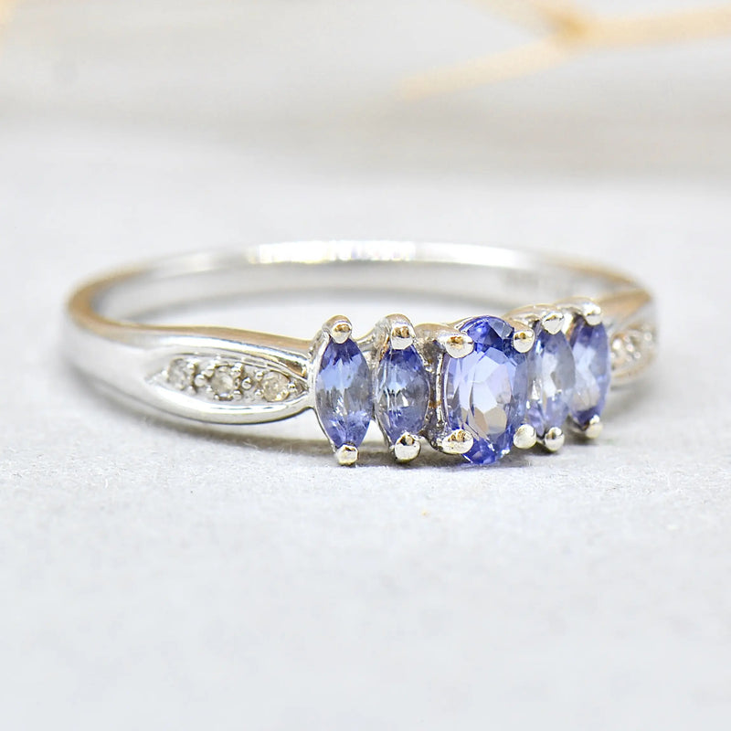 9ct White Gold Tanzanite and Diamond Five-Stone Design Ring